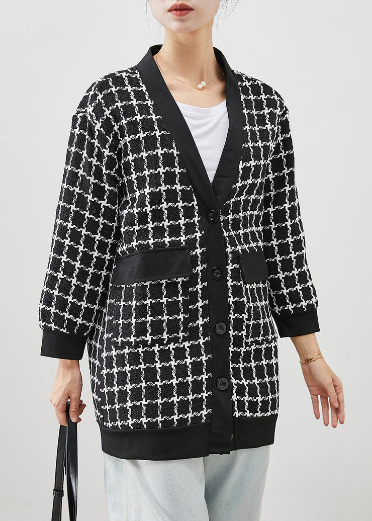 Black Plaid Woolen Coat V Neck Pockets Fall