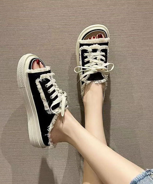 Black Platform Canvas Casual Splicing Slide Sandals Lace Up