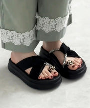 Black Platform Faux Leather Beautiful Hollow Out Slide Sandals