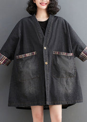 Black Pockets Button Low High Design Denim Trench Coat Fall