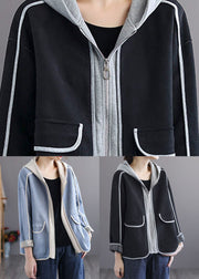 Black Pockets Cotton Coats Zip Up Hooded Spring