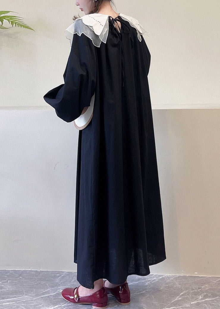 Black Pockets Cotton Dress Peter Pan Collar Long Sleeve