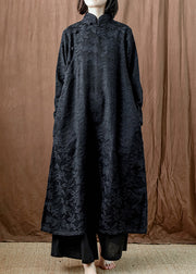 Black Pockets Cotton Long Dresses Stand Collar Fall