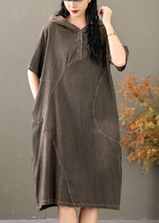 Black Pockets Denim Dress Hooded Short Sleeve