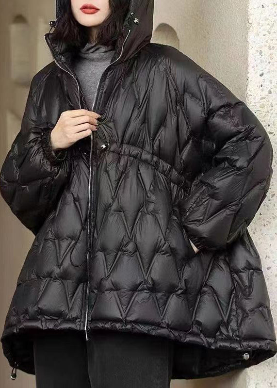 Black Pockets Drawstring Patchwork Duck Down Coat Zip Up Long Sleeve