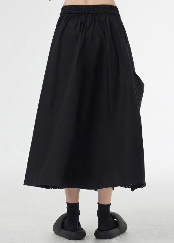 Black Pockets Elastic Waist Patchwork Cotton Skirt Asymmetrical