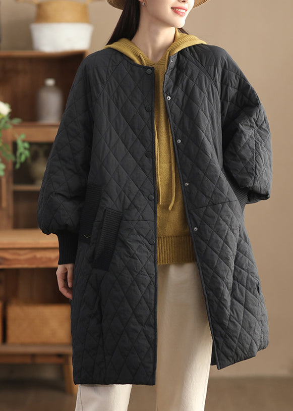 Black Pockets Fine Cotton Filled Coat O Neck Lantern Sleeve