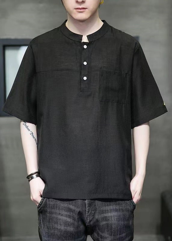Black Pockets Linen Men T Shirts Stand Collar Half Sleeve