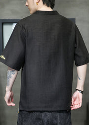 Black Pockets Linen Men T Shirts Stand Collar Half Sleeve