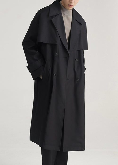 Black Pockets Oversized Cotton Men Long Trench Notched Spring