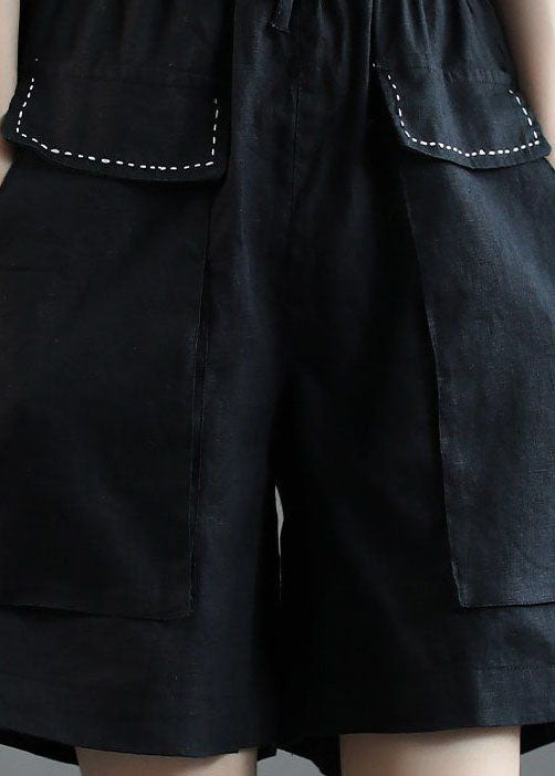 Black Pockets Patchwork Casual Linen Shorts Summer