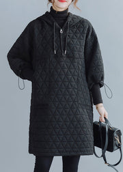 Black Pockets Patchwork Cotton Filled Mid Dress Zip Up Winter