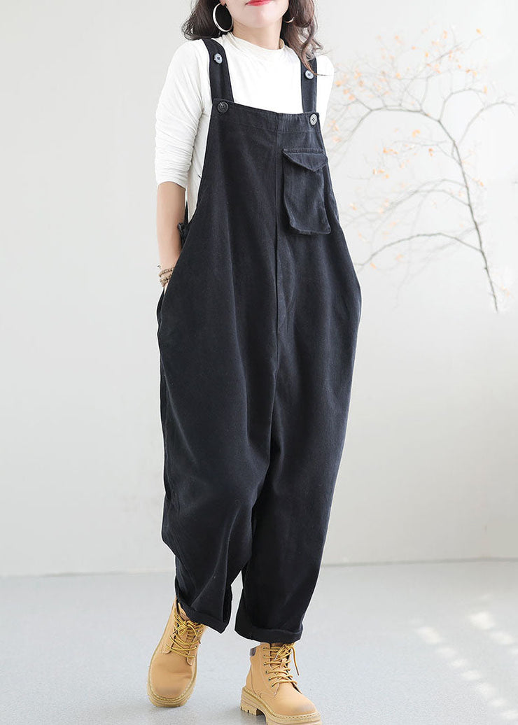 Black Pockets Patchwork Cotton Jumpsuit Button Spring