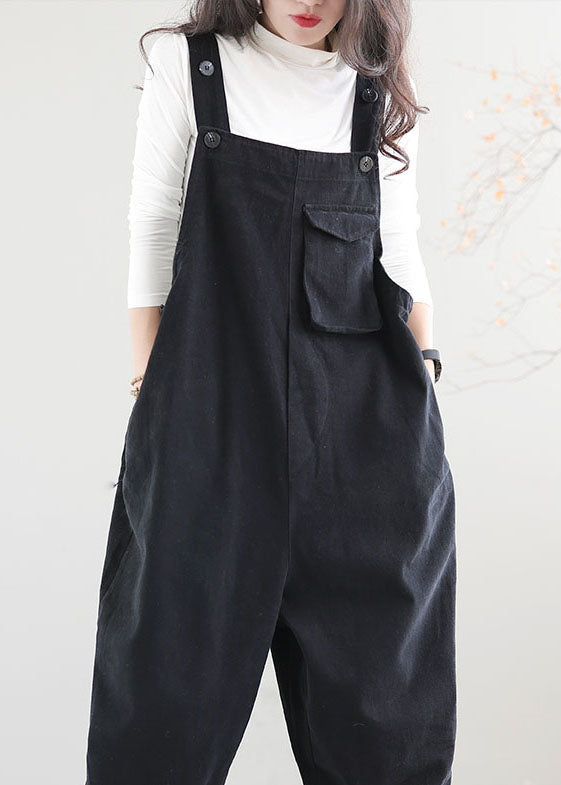 Black Pockets Patchwork Cotton Jumpsuit Button Spring