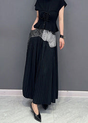 Black Pockets Patchwork Cotton Pants Skirt Wrinkled Summer