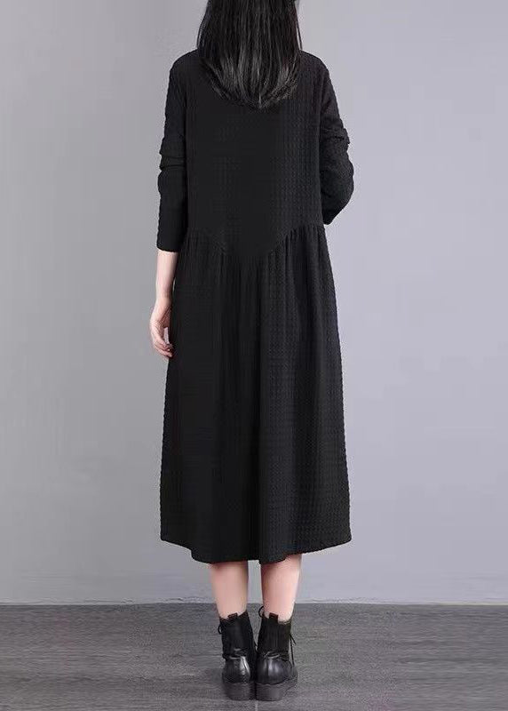 Black Pockets Patchwork Cotton Shirts Dress Peter Pan Collar Fall