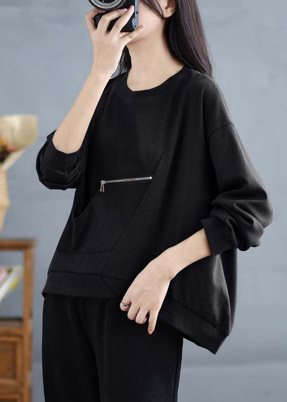 Black Pockets Patchwork Cotton Top Zip Up O-Neck Spring