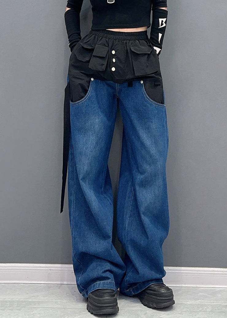 Black Pockets Patchwork Denim Pants High Waist