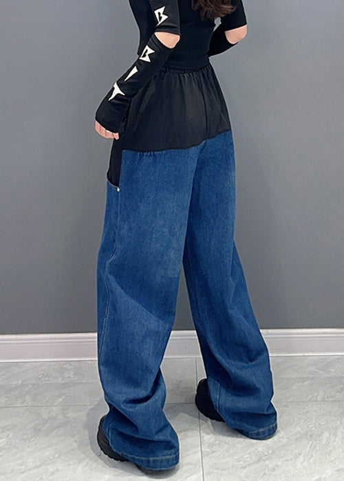 Black Pockets Patchwork Denim Pants High Waist