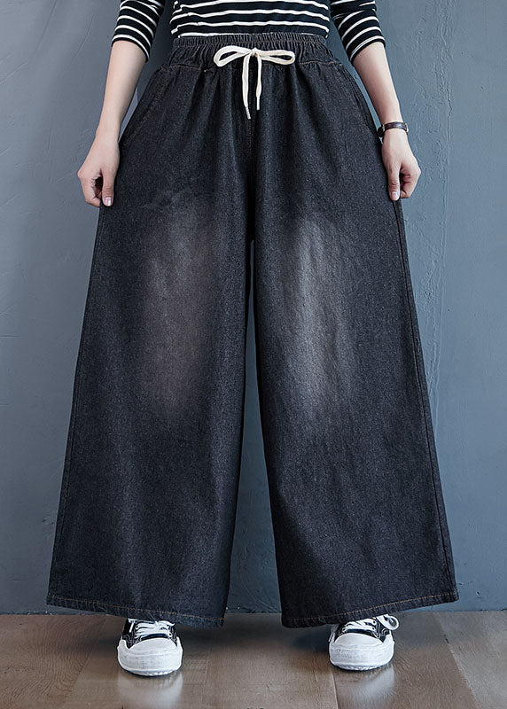 Black Pockets Patchwork Denim Wide Leg Pants Elastic Waist Spring