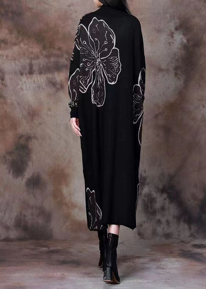 Black Pockets Patchwork Knitting Cotton Long Dress O Neck Long Sleeve