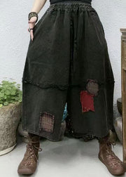 Black Pockets Patchwork Linen Crop Pants Elastic Waist Spring