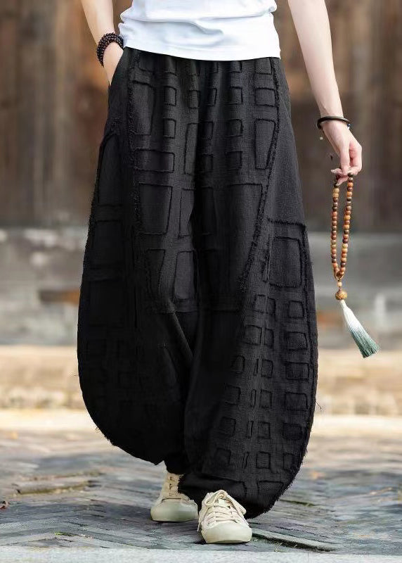 Black Pockets Patchwork Linen Lantern Pants Elastic Waist Spring