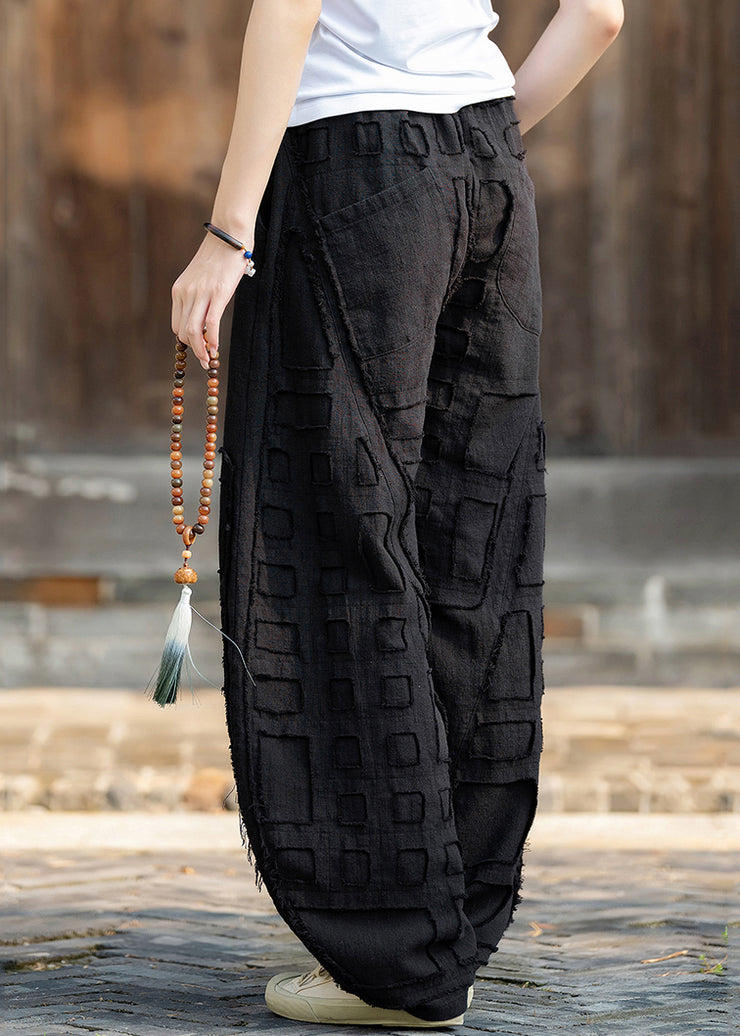 Black Pockets Patchwork Linen Lantern Pants Elastic Waist Fall