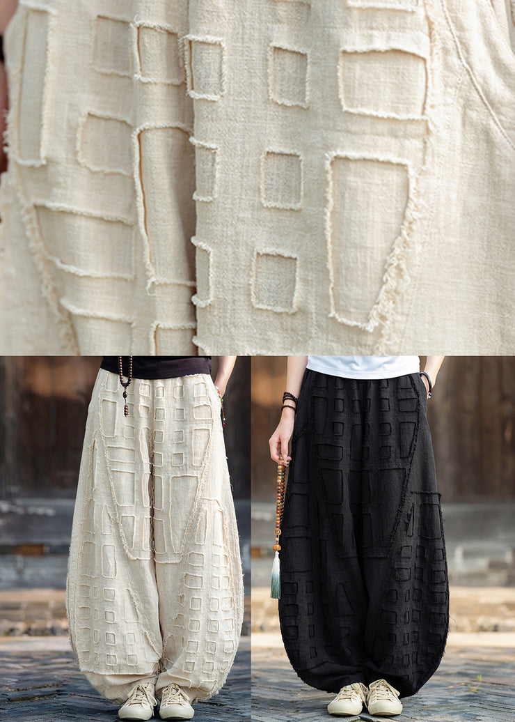 Black Pockets Patchwork Linen Lantern Pants Elastic Waist Fall