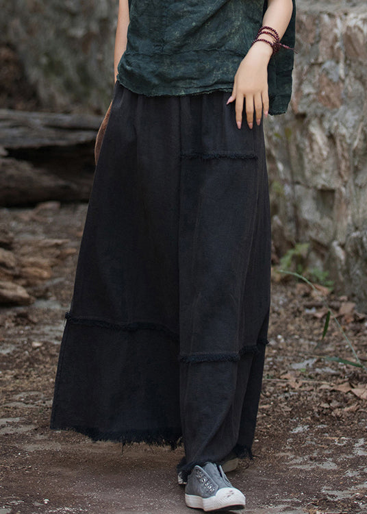 Black Pockets Patchwork Linen Maxi Skirt Elastic Waist Spring