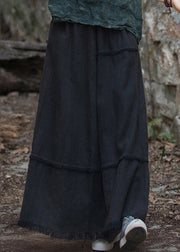 Black Pockets Patchwork Linen Maxi Skirt Elastic Waist Spring