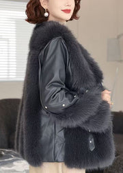 Black Pockets Patchwork Mink Velvet Coats V Neck Winter