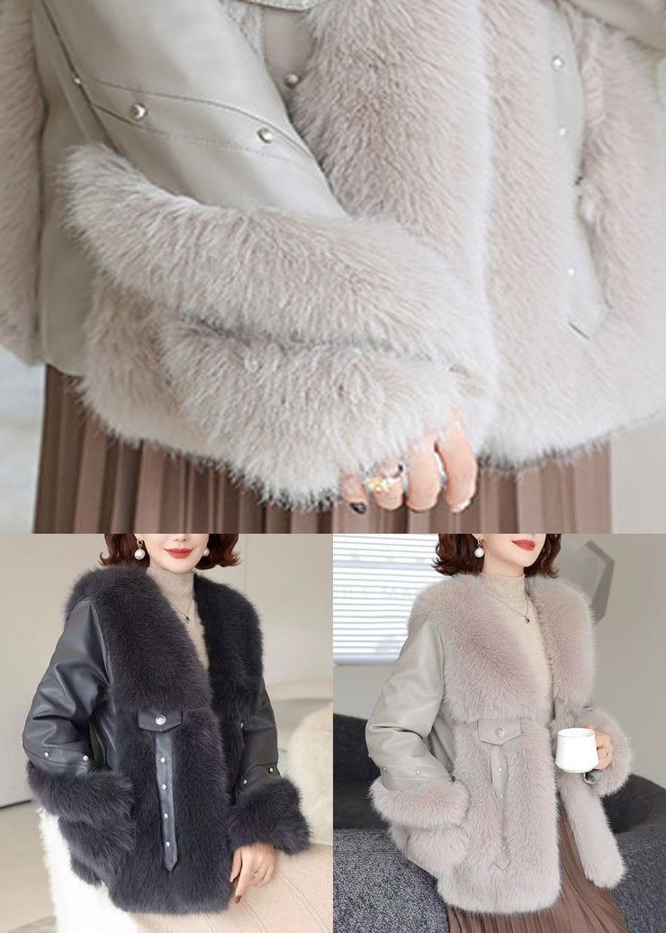 Black Pockets Patchwork Mink Velvet Coats V Neck Winter