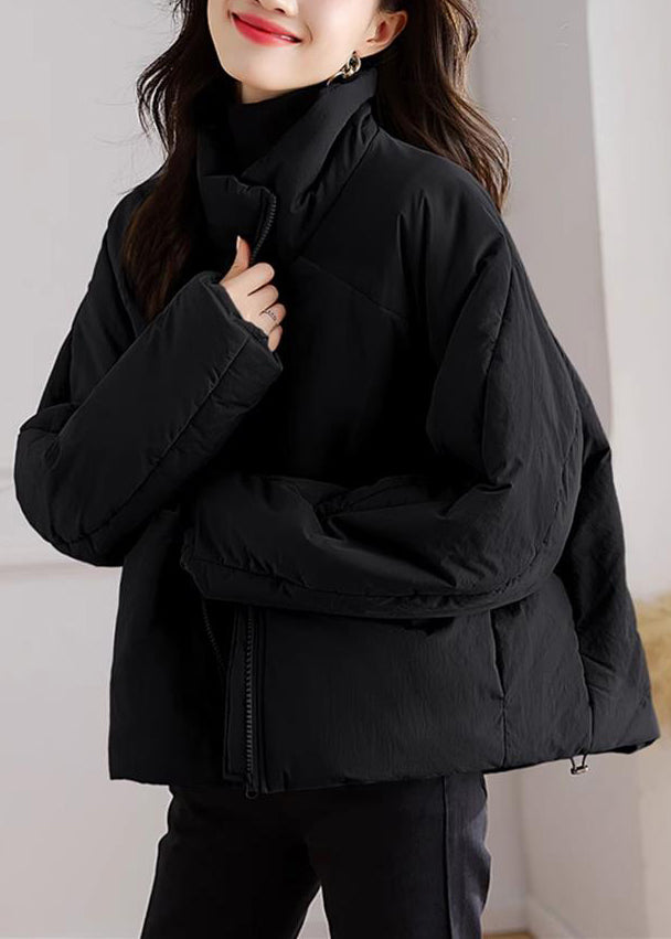 Black Pockets Patchwork Parka Stand Collar Long Sleeve