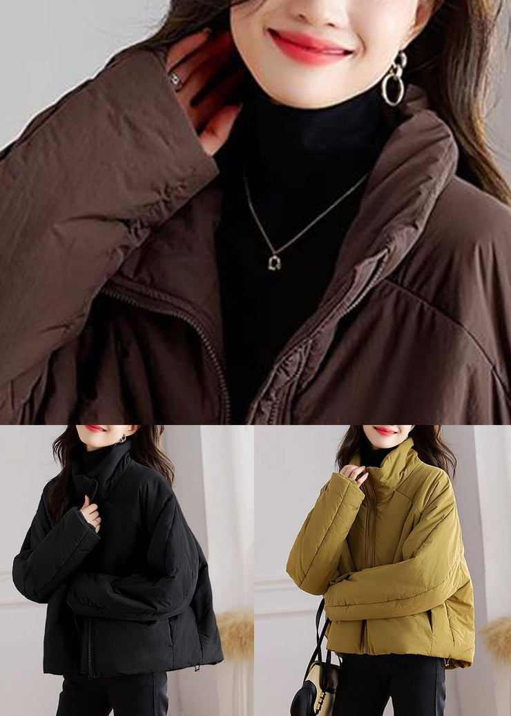 Black Pockets Patchwork Parka Stand Collar Long Sleeve