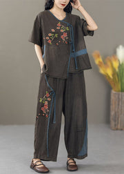 Black Pockets Patchwork Two Pieces Set Embroidered Short Sleeve