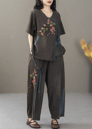 Black Pockets Patchwork Two Pieces Set Embroidered Short Sleeve