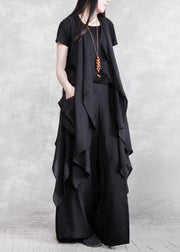 Black Pockets Patchwork Vest And Pants Linen Two Pieces Set Summer