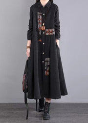 Black Pockets Patchwork Warm Fleece Dresses Peter Pan Collar Button Winter