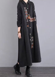 Black Pockets Patchwork Warm Fleece Dresses Peter Pan Collar Button Winter