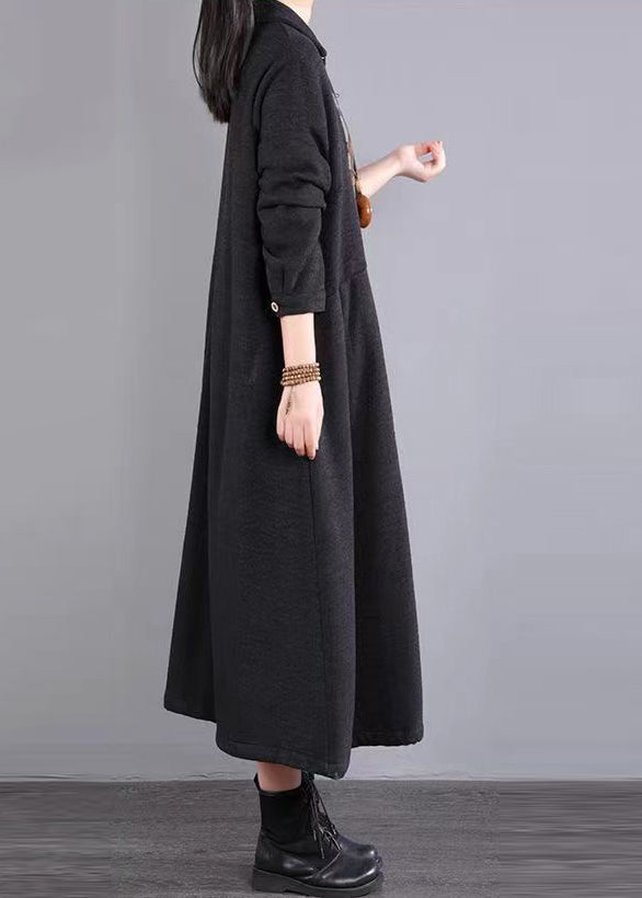 Black Pockets Patchwork Warm Fleece Dresses Peter Pan Collar Button Winter