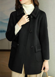 Black Pockets Patchwork Woolen Coat Double Breast Long Sleeve