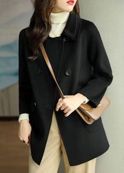 Black Pockets Patchwork Woolen Coat Double Breast Long Sleeve