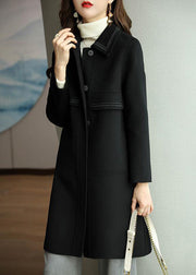 Black Pockets Patchwork Woolen Coats Peter Pan Collar Long Sleeve