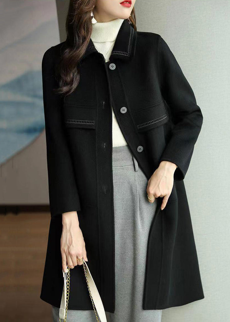 Black Pockets Patchwork Woolen Coats Peter Pan Collar Long Sleeve