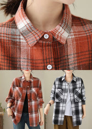 Black Pockets Plaid Casual Cotton Shirts Coat Peter Pan Collar Fall