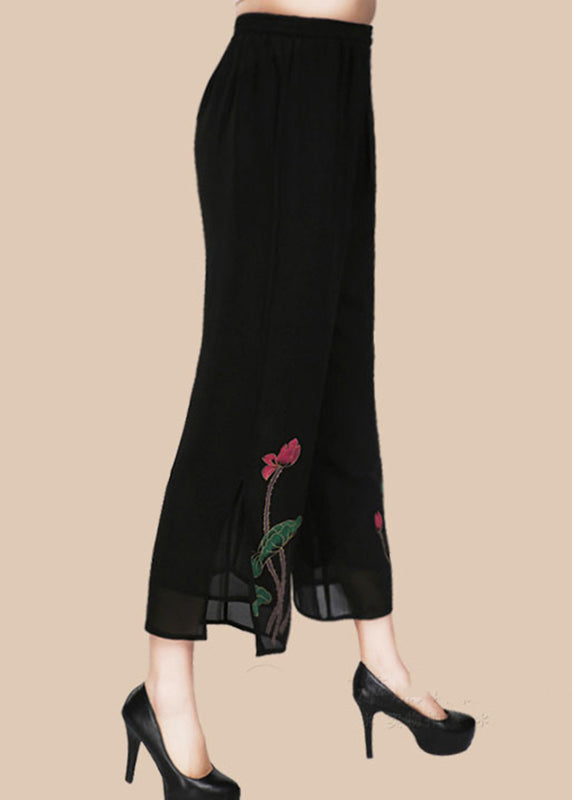 Black Pockets Print Elastic Waist Crop Pants Summer