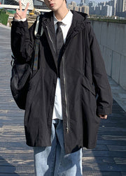 Black Pockets Solid Cotton Men Coat Hooded Spring