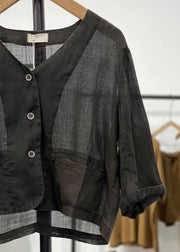Black Pockets Solid Linen Cardigan V Neck Long Sleeve