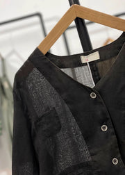 Black Pockets Solid Linen Cardigan V Neck Long Sleeve